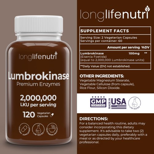 LongLifeNutri Lumbrokinase 100mg – Maximum Activity 2,000,000 Units Per Serving, 120 Vegetarian Capsules, 2-Month Supply, Natural Enzyme Supplement for Circulatory Health, Lab Tested, Made in USA