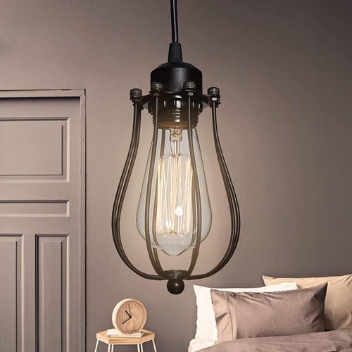 EFINEHOME 2 Pack Replacement Lofe Minimalist Art Industrial Vintage Style Black Hanging Pendant Light Fixture Metal Wire Cage Lamp Guard Pomelo Lampshades