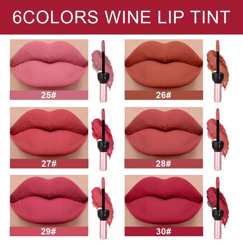 BINGBRUSH 6 Colors Matte Red Wine Liquid Lipstick Pack Set,Wine Lip Tint Long Lasting 24 Hour Waterproof Velvet Nonstick Cup Lipgloss Lip Stain Pigmented Lip Makeup Gift Sets for Girls and Women