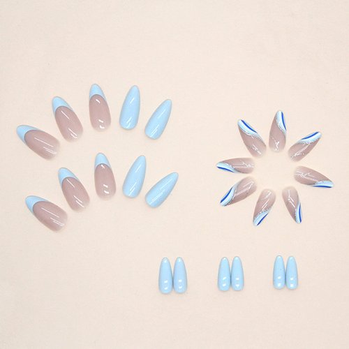 Blue Press on Nails Almond Shape Fake Nails French False Nails with Designs Blue White Silver Waves Acrylic Nails Medium Length Stick on Nails Full Cover Glossy Glue on Nails for Women Nail Decoration