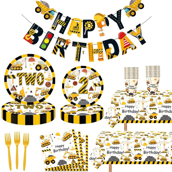 118pcs Construction 2nd Birthday Decor Construction Two Years Old Paper Dinner Plates Napkins Forks Cups Tablecloth Banner Dinnerware for Dump Truck Theme 2nd Bday Party Supplies Decorations