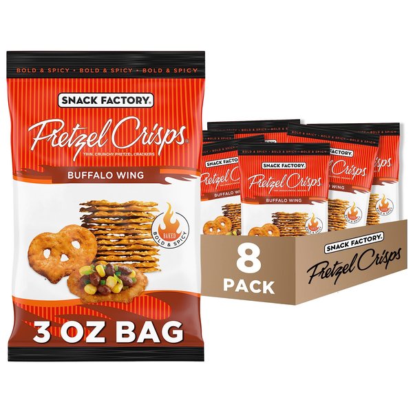 Snack Factory Pretzel Crisps, Buffalo Wing, On-the-Go Bag, 3 Oz (Pack of 8)