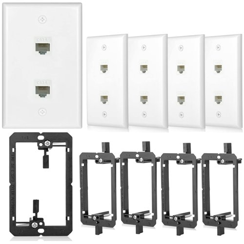 5 Pack Ethernet Wall Outlet 2 Port Cat6 Wall Plate with Low Voltage Mounting Bracket Jack RJ45 Keystone Network Cables Inline Coupler Wires Connector Date Box Cover Double White 2Port 6a