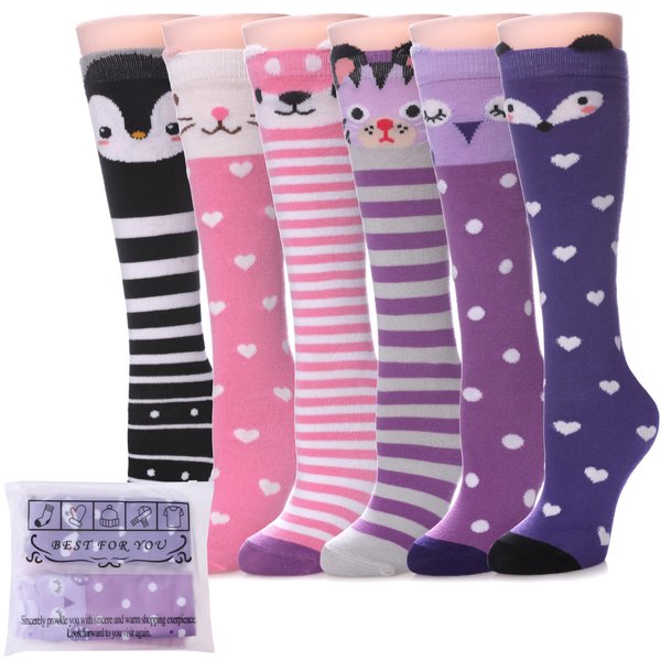 Color City Girls Socks Knee High Stockings Cartoon Animal Warm Cotton Socks (6 Pairs Animal C)