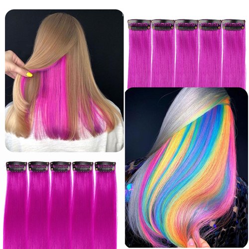 Colored Hair Extensions for Kids, Colorful Clip In Hair Extensions for Girls, Magenta Hair Extensions for Women, 10Pcs 22 inch Synthetic Hair