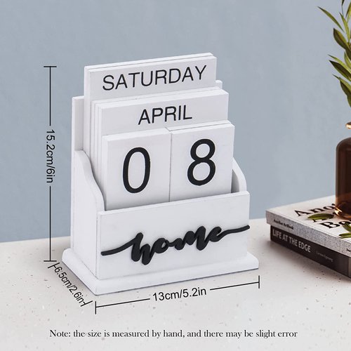 Vintage Wood Block Perpetual Calendar Flip Block Design for Home Office Desk Rustic Decoration (white)