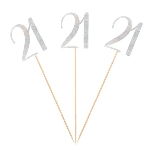 Silver Glitter 21st Birthday Centerpiece Sticks, 12-Pack Number 21 Table Topper Anniversary Party Decorations