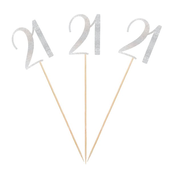 Silver Glitter 21st Birthday Centerpiece Sticks, 12-Pack Number 21 Table Topper Anniversary Party Decorations