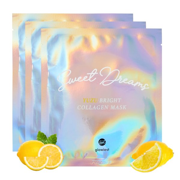 glowiest Sweet Dreams Yuzu Bright Collagen Mask Set of 3, Brightening & Hydrating Face Collagen Jelly Mask, 78% Collagen, Niacinamide, Vitamin C, Peptides, Korean Skincare