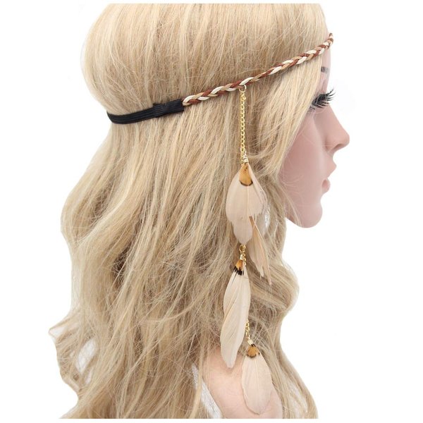 Feather Headband Hippie Indian Boho Hair Bands Tassel Bohemian Halloween Hair Hoop Women Crown Hairband Party Decoration Headdress Cosplay Costume Headwear Headpiece Handmade Hair Accessories Khaki