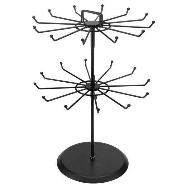 MyGift 2 Tier Black Metal Rotating Necklace and Bracelet Organizer Jewelry Stand with 24 Hooks, Multipurpose Accessory and Keychain Spinning Display Rack with Top Handle Card Holder
