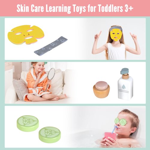 WHOHOLL Wooden Makeup Toy Set, Pretend Beauty Salon Toys Skin Care Learning Toys for Toddler, Daycare Toys Christmas Birthday Gift for 2 3 4 5+ Year Old Girls - Facial Cleanser, Mirror, Face Mask