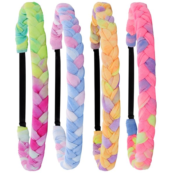 FROG SAC 4 Adjustable Braided Headbands for Girls, Rainbow Tie Dye Braid Hair Bands for Kids, Cute Girl Stretch Elastic Fashion Accessories for Children, Easter Basket Stocking Stuffers