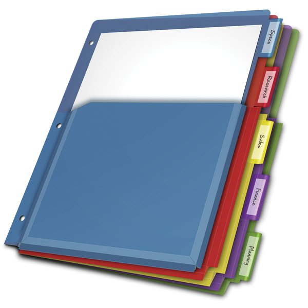 Cardinal Expanding Plastic Binder Dividers, Flexible Front Pockets Expand 1/4", 5-Tab, Insertable Multicolor Tabs, Letter Size, 1 Set (84012CB)