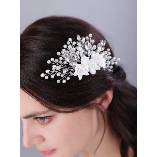 JWICOS Bride Wedding Hair Comb Flower Crystal Wedding Hair Accessories for Women and Girls Pearl Hair Piece for Brides and Bridesmaids
