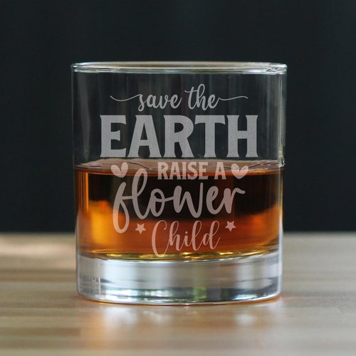Save The Earth Design Rocks Glass, Hand Engraved 10oz, Etched Drinkware, Eco Friendly Gifts, Gift for Nature Lovers, Flower Child Glass