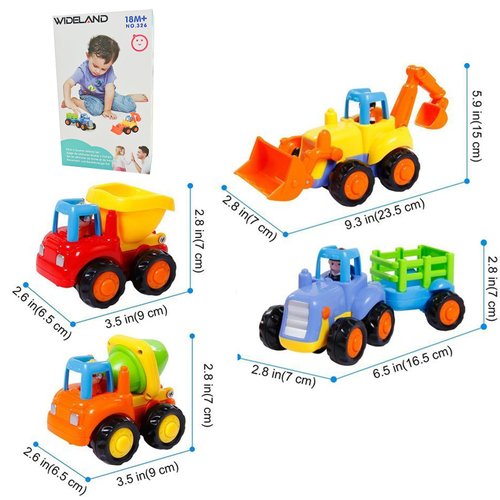 Friction Powered Cars, Push and Go Toy Trucks Construction Vehicles Toys Set for 1 2 3 Year Old Baby Toddlers Beach Dump Truck, Cement Mixer, Bulldozer, Tractor, Early Educational Toys, A Set of 4