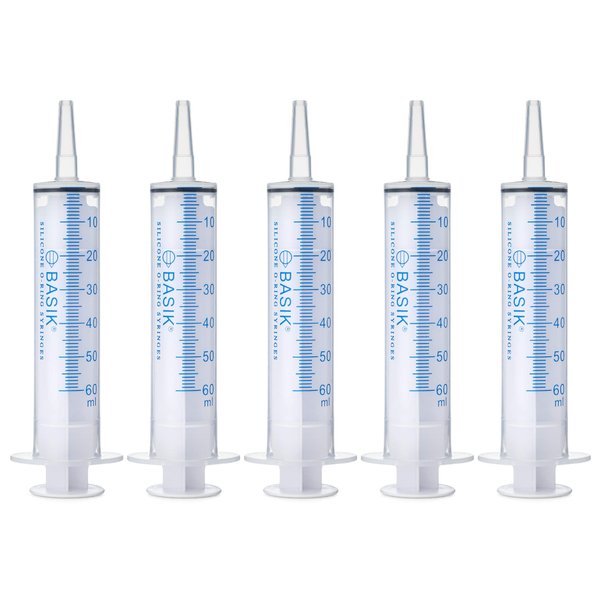 BASIK 60ml | 60cc Cath Tip Silicone O-Ring Syringes | Tube Feeding | Oral Syringe Craft and Garden Multi-Use Syringe 5/Pack