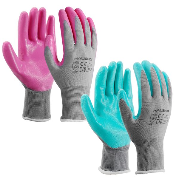 HAUSHOF 6 Pairs Garden Gloves for Women, Nitrile Coated Working Gloves, for Gardening, Restoration Work, Medium, Pink & Green, M