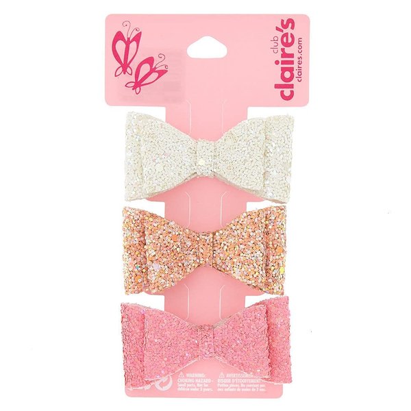 Claire's Club Glitter Bow Hair Clips for Girls Age 3-6, Toddler Children's Little Girl Hair Accessories Crocodile Clip Barrettes Pink Gold and White Hair Bows (3 Pack)