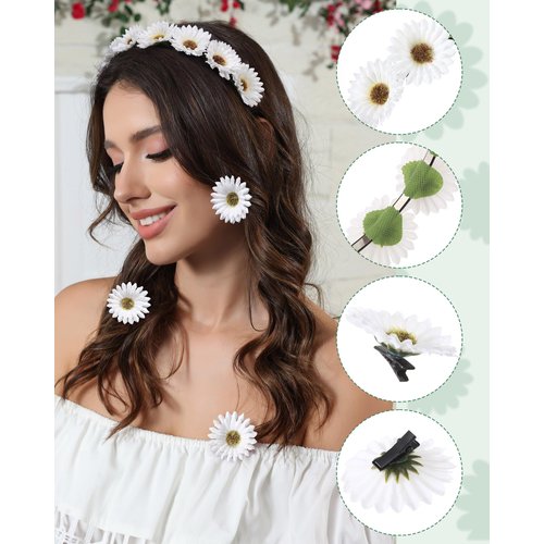 Ufgin Women's Sunflower Headband Set - Hair Clips, Wreath, Hippie Accessories & Hair Accessories for Girls (White)