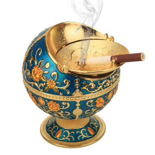 K COOL Pterosaur Windproof Ashtray with Flip Lid for Cigarette Metal Portable Smoking Tobacco Ashtray Indoor Outdoor, Handicrafts Rose Pattern Classy Gift for Women Men (Transparent Blue-Golden)