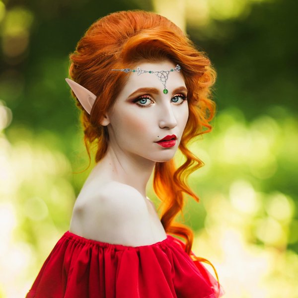 FRESHME Fairy Elf Ears with Celtic Headpiece Kit - Elf Ears and Celtic Knot Head Chain Boho Crystal Bead Head Pendant Headband Women s Halloween Renaissance LARP Cosplay Costume