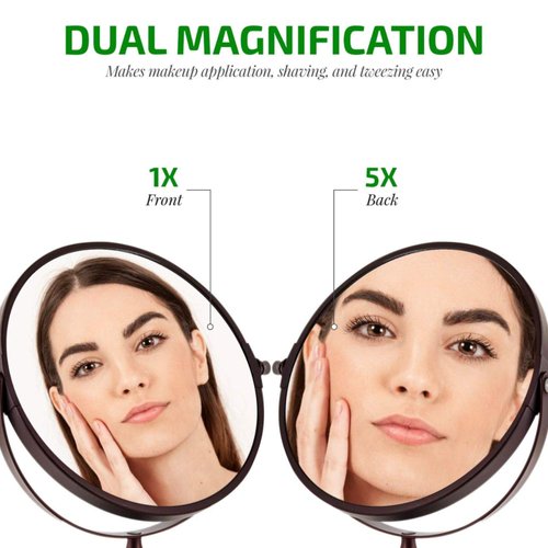 OVENTE 7'' Tabletop Makeup Mirror - 1X/ 5X Magnification, Rotating 360-Degree, Double-Sided, Free-Standing Vanity Décor, Perfect for Dresser, Bedroom, Office & Bathroom, Antique Bronze MNLDT70ABZ1X5X