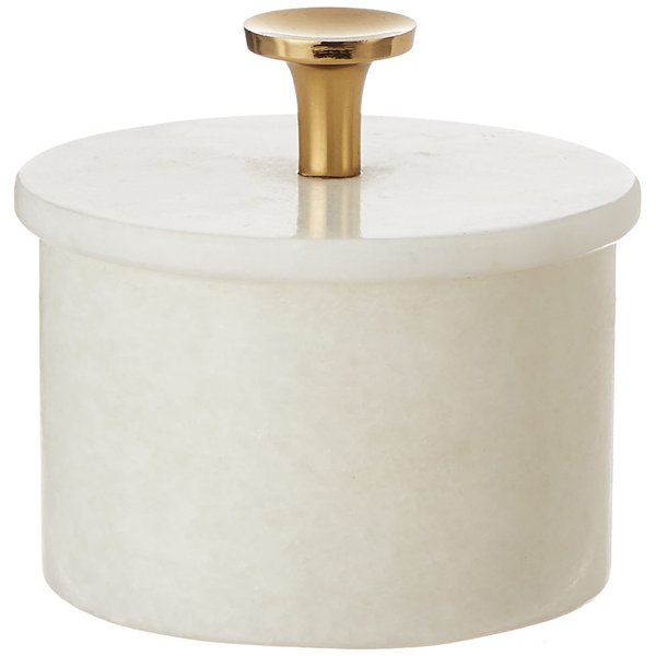Queenza Salt Cellar with Lid & Brass Knob - 3 Inch White Makrana Marble Salt Bowl, Salt Dish for Kitchen and Dining - Multipurpose Small Box with Lid