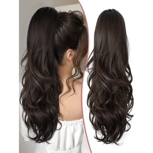SHNMIN Ponytail Extension, Drawstring Ponytail Extension for Women 24 Inch Long Wavy Pony Tails Clip in Ponytail Hair Extensions Synthetic Layered Ponytail for Daily Use