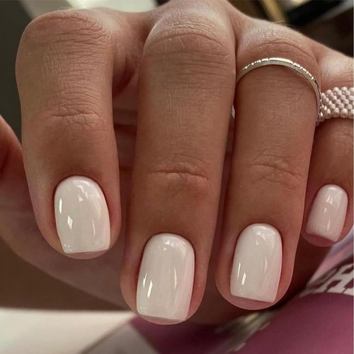 24 Pcs White Press on Nails Short Square - SHANRUN Summer Fake Nails Press ons Nail Art French Tip Glue on Nails Full Cover Artificial Acrylic False Nails Glossy Design Stick on Nails Kit for Women
