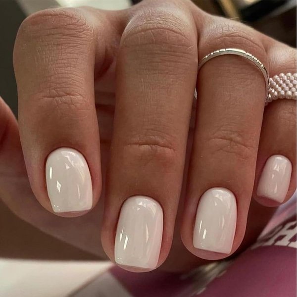 24 Pcs White Press on Nails Short Square - SHANRUN Summer Fake Nails Press ons Nail Art French Tip Glue on Nails Full Cover Artificial Acrylic False Nails Glossy Design Stick on Nails Kit for Women