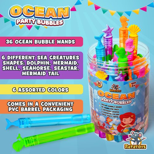 Ratatoys Ocean Party Bubbles for Kids - 36 Sealife Bubble Toys, Colorful Mermaid Party Favors, Mini Bubbles Party Favors for Kids, Birthday Party Favors for Boys & Girls - Bubble Wands for Kids 3+