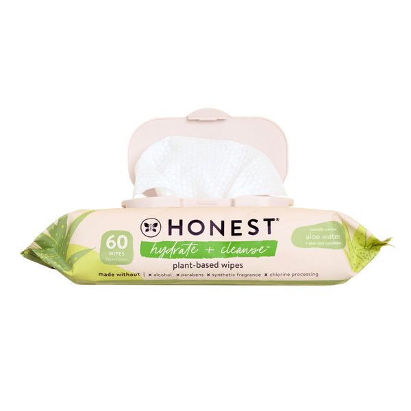 The Honest Company Hydrate + Cleanse Naturally Scented Wipes | Cleansing Multi-Tasking Wipes | 99% Water, Plant-Based, Hypoallergenic | Aloe + Cucumber, 60 Count