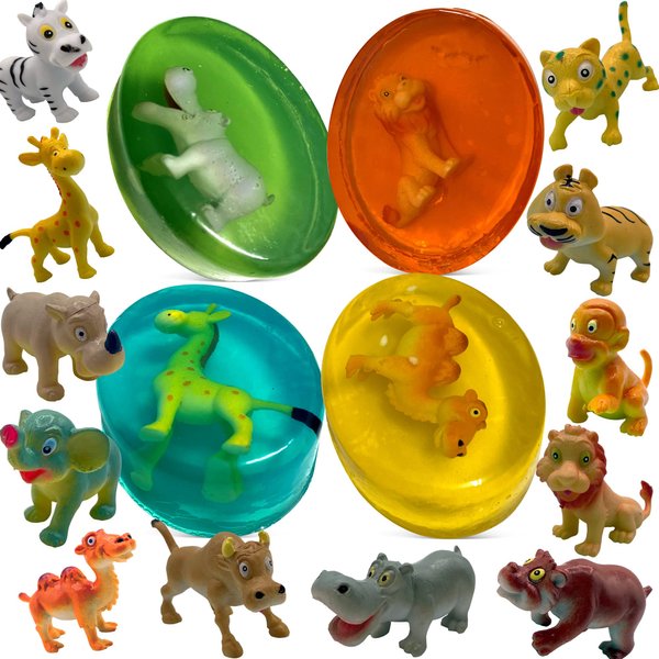 4 Soap Bars for Kids with Funny Animals Surprise Inside - Collect All 12 Wild Animals Toys - Moisturizing Children's Skin - Lemon, Strawberry, Green Apple, and Rose - Handmade in USA Soap Set for Kids
