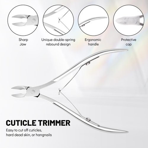 Aokitec Cuticle Trimmer with Cuticle Pusher, 5PCS Professional Stainless Steel Pedicure Manicure Tools Kit with Triangle Nail Polish Scrapper Cuticle Nipper Nail Dust Brush for Fingernails & Toenails