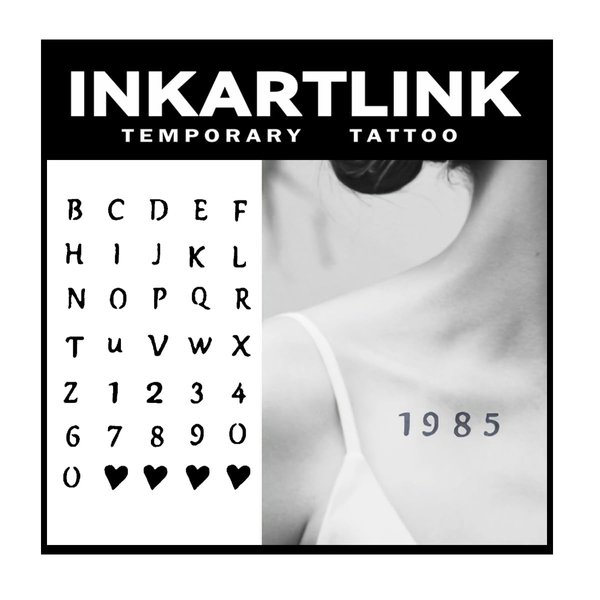 INKARTLINK Tattoo Tech, 2 Sheets Medieum Semi Permanent Tattoo, Adult Art Design Temporary Tattoos, Lasts 1-2 Weeks, Waterproof, Realistic Look, No Adhesive, No Reflection (Letters and Numbers)