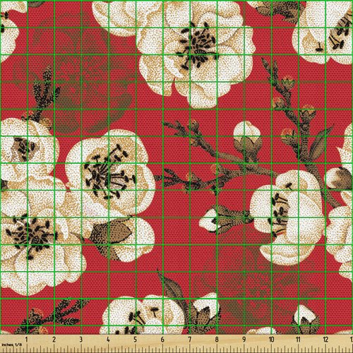 Lunarable Japanese Fabric by The Yard, Oriental Cherry Branches Sakura Bloom with Grunge Effect, Decorative Fabric for Upholstery and Home Accents, Cream Vermilion and Green Brown