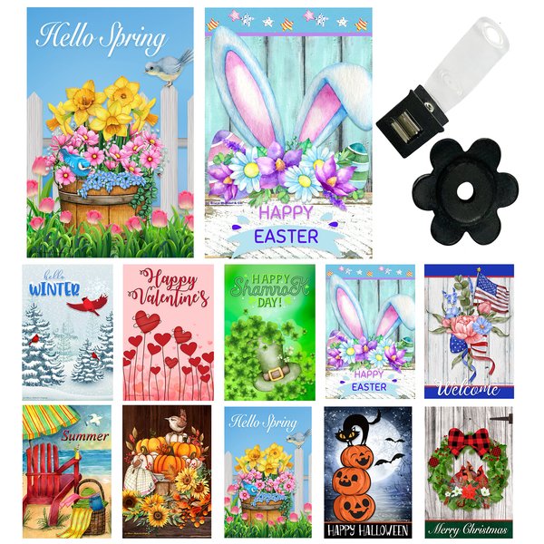 Seasonal Garden Flags Set of 10 12x18 Double Sided Outside Yard Flags Decorative Small Garden Flag with Anti-Wind Clip and Stopper, Garden Flags for Outside, Outdoor Holiday Lawn Banners Decor