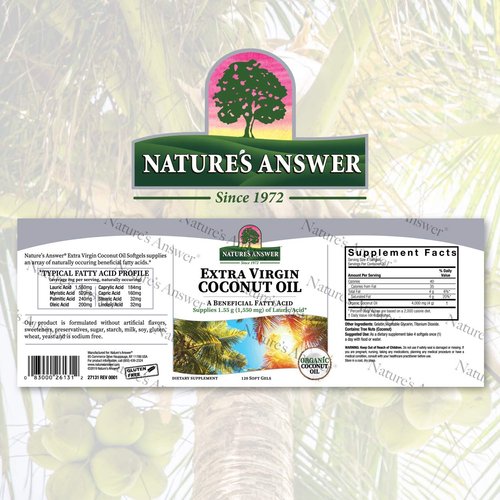 Nature's Answer Extra Virgin Coconut Oil Softgels Organic Coconut Oil Multi-Purpose Non-GMO Ideal for For Hair Skin Body Moisturizer Gluten Free Paleo Friendly (120 Capsules)