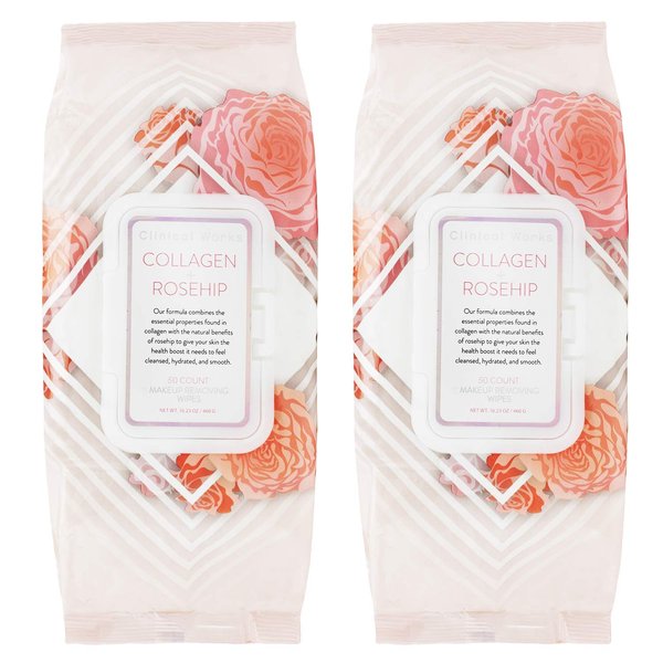 Clinical Works Makeup Remover Wipes Bulk Pack of 2, 100 Facial Cleaning Cloths Removes Makeup Mascara Dirt and Oil, Flip Top Pack (Collagen & Rosehip)