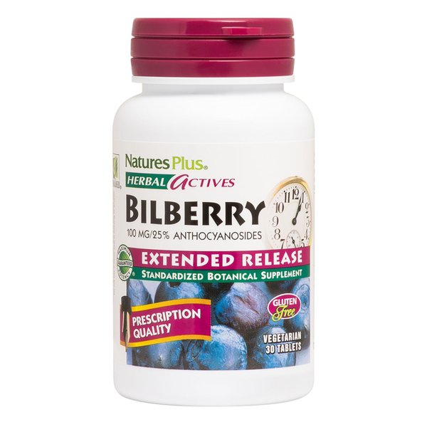 Natures Plus Herbal Actives Bilberry - 100 mg, 25% Anthocyanosides - Extended Release - 30 Vegan Tablets (30 Servings)