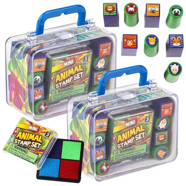 ArtCreativity Mini Zoo Animal Stamp Set for Kids, 2 Sets, Each Kit Includes 8 Animal Stampers, Multi-Colored Ink Pad, and Cute Carry Case, Best Gifts and Safari Birthday Party Favors for Boys & Girls