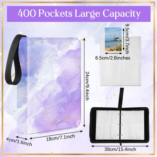 Humyoun Card Binder 4 Pocket PU Waterproof Trading Card Binder for 400 Cards Watercolor Rainbow Portable Card Album Holder with Zipper Wristband Card Organizer for Girls Christmas Gifts(Purple)