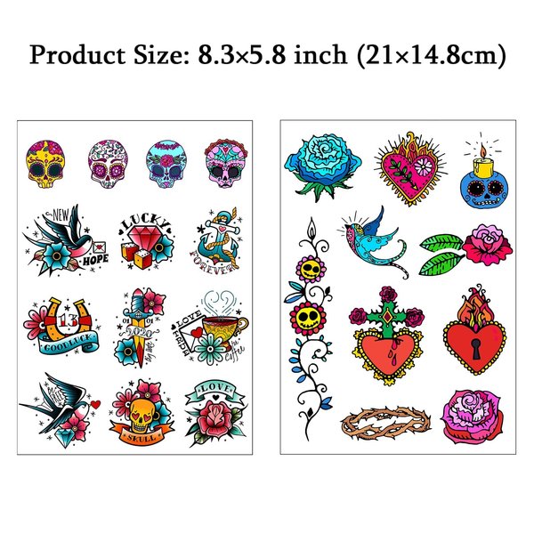 CARGEN Cool Classic Temporary Tattoos - Skull Sword Bird Rose Script Sailor Diamond Old School Traditional Realistic Temporary Tattoos Fake Tattoos Great for Adults Women Men Kids on Arm Leg Face
