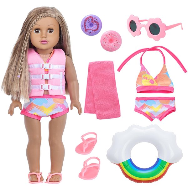 18 Inch Girl Doll Clothes and Accessories Including Swimwear Shoes Sunglasses Swimming Ring Towel etc，Swimming Poor Play Set Fit 18 inch Girl Dolls