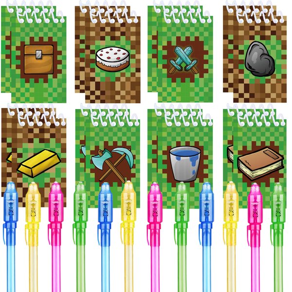 Jiaoohoo 24 Pcs Pixel Theme party favors |12 invisible ink pen and 12 party mini Pixel Theme Notepads| Pixel Theme party Goodie Bag Stuffers, Classroom Prizes, party supplies