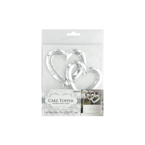 Silver Twin Hearts Electroplated Plastic with Gems Wedding Cake Topper - 5" x 4.37", 1 Piece - Perfect for Engagement, Wedding Receptions & Anniversary Parties