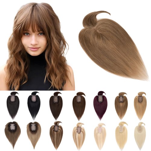 SEGO Hair Toppers for Women Real Human Hair With Bangs 7 * 13CM Silk Base 100% Remy Human Hair Clip in Top Wiglet Hair Pieces for Thinning Hair -8 Inch Light Brown