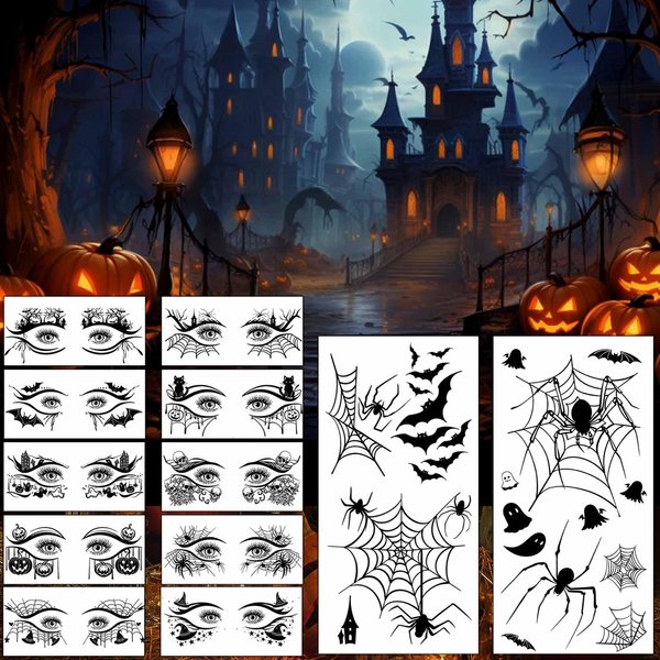 Hotoyannia 12 Sheets Halloween Face Temporary Tattoos Stickers, Halloween Face Fake Tattoos Spider Web Bat Eyeliner Eye Shadow Tattoos Halloween Makeup Kit For Women Girls Halloween Masquerade Party